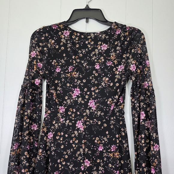 American Rag Floral Print Long Sleeve Mesh Black Dress Size XXS - Picture 7 of 10
